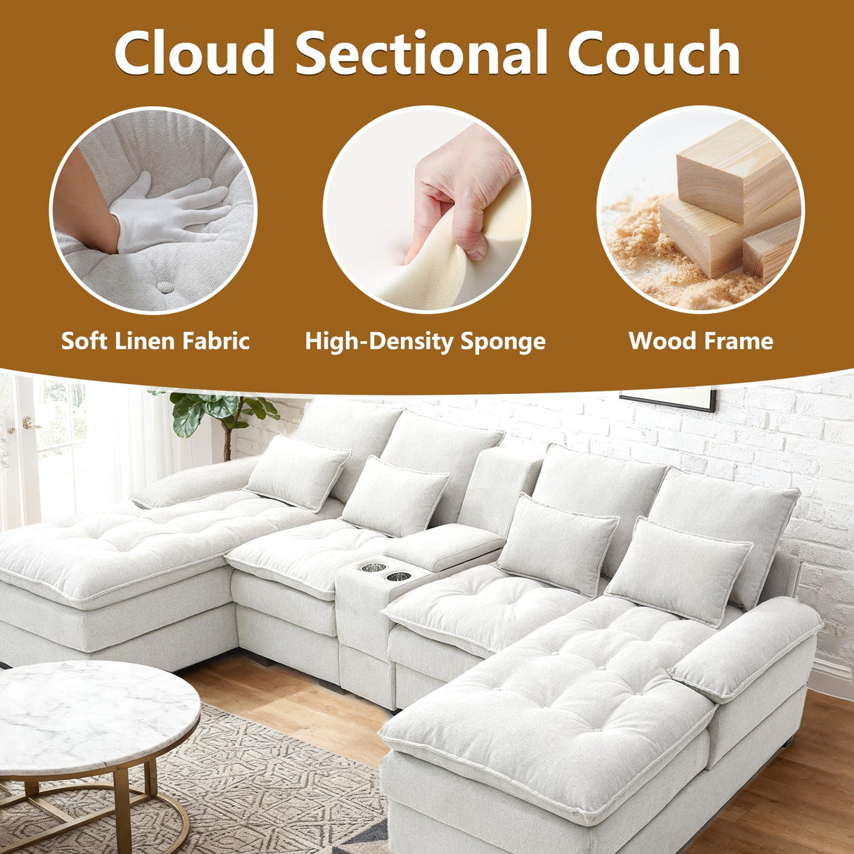 HYJT-H&K 130" U Shaped Comfy Fluffy Cloud Sectional Couches for Living Room, Oversized Modular Sectional Sofa with Chaise Lounge & Tufted Buttons, Modern Linen 6 Seater Sofa Set with Console Beige HYJT-H&K