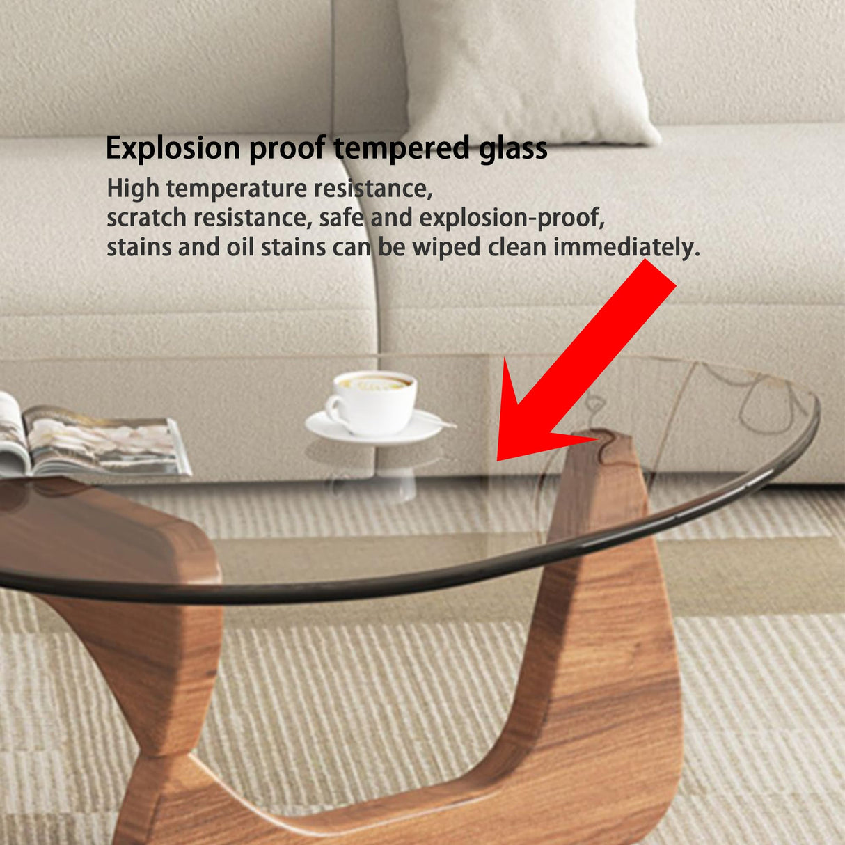 EASYSOUL Modern Glass Coffee Table, 32.68" D x 22.44" W x 15.75" H, Abstract Round Tea Tables for Living Room Home Office Industrial Cocktail Tables (Walnut-Clear Glass, 32.68") EASYSOUL