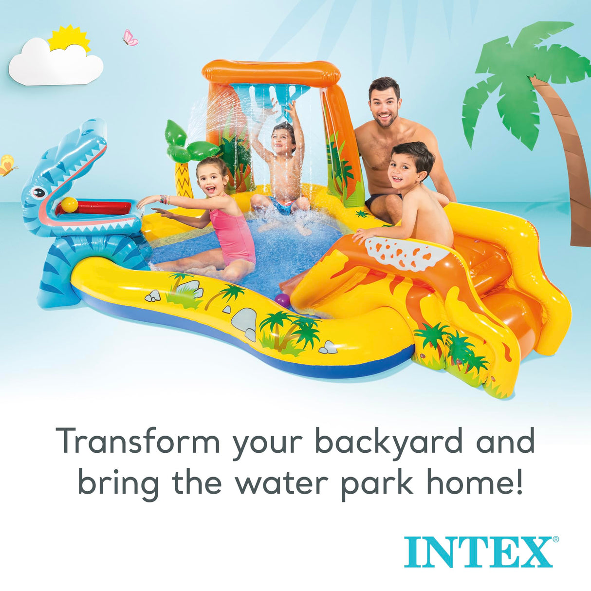 Intex Inflatable Dinosaur Play Center Outdoor Playhouse Inflatable Water Park with Kid Pool Slide, Water Sprayer, Waterfall, and 6 Balls, Multicolor Intex