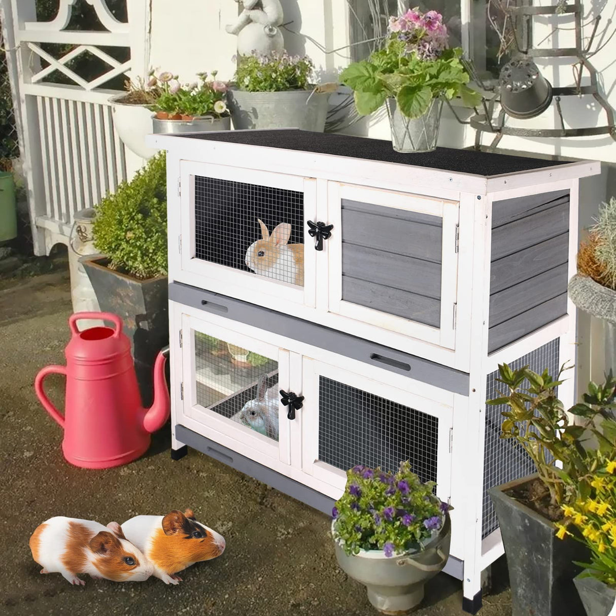 2 Story Solid Wood Rabbit/Bunny Hutch with 2 Large Main Rooms, Indoor Outdoor Rabbit House Guinea Pig Cage Pet House for Small Animals with Ventilation Door Removable Tray Waterproof Roof (Grey) AMZOSS