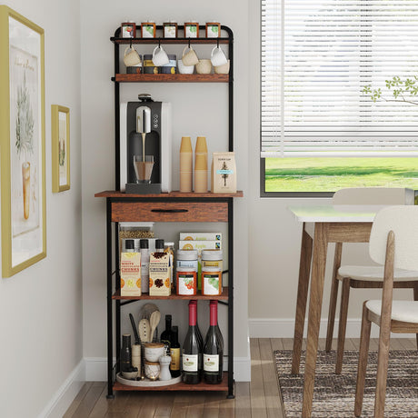 Homsorout Coffee Bar Station - Bakers Rack with Fabric Drawer, Microwave Oven Storage Stand, Bakers Rack for Coffee Stand Station, Home Kitchen Organizer, Brown Homsorout