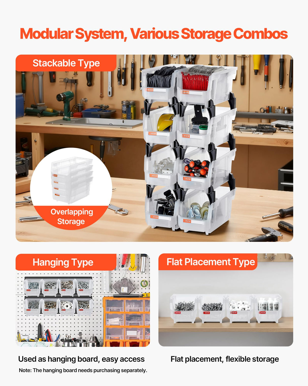 VEVOR Plastic Stackable Storage Bins, 10.9 x 5.5 x 5.1 inch (8 Pack), Plastic Containers for Organizing & Storage Bins for Closet, Garage, Small Parts, Office Supplies, Other Accessories, Transparent VEVOR