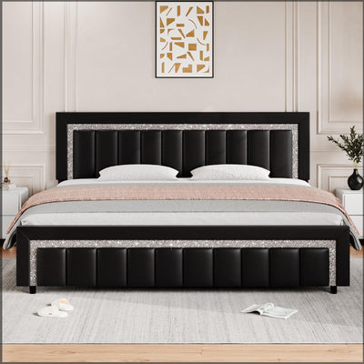 HOMBCK King Size Bed Frame, Black King Size Bed Frame with Diamond Headboard and Footboard, Velvet Upholstered Bed Frame with Vertical Channel Design, No Box Spring Needed, Easy Assembly, Black