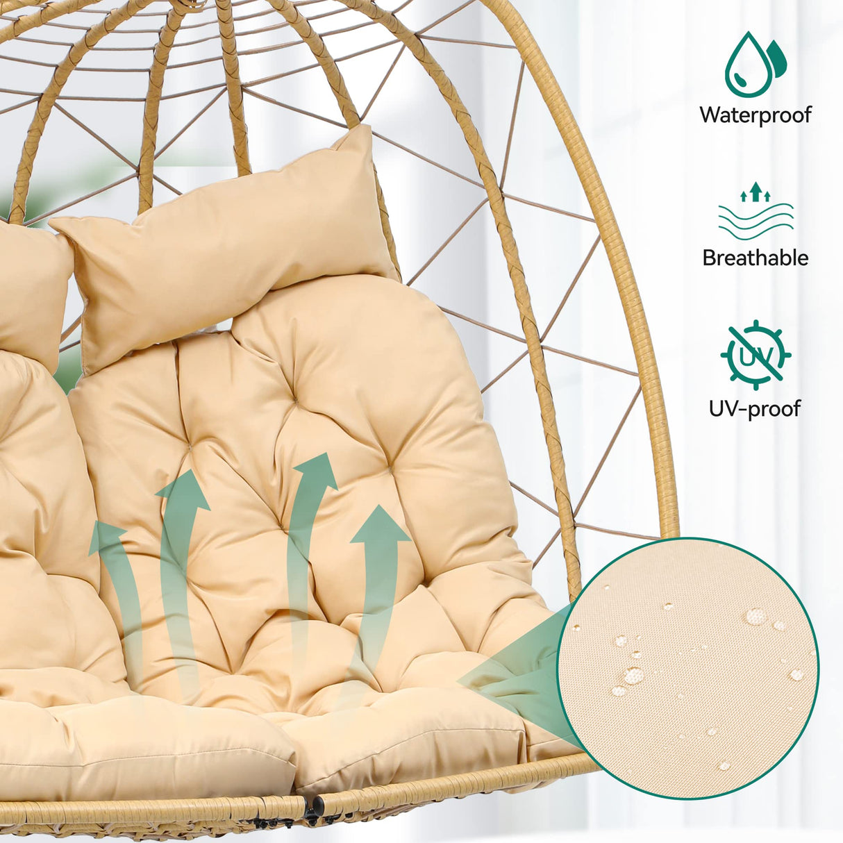 YITAHOME Hanging Egg Chair Swing Chair with Stand Double Egg Chair, 2 Person Wicker Chair Outdoor Indoor Hammock Egg Chair with Cushions 500lbs for Patio, Garden, Bedroom and Balcony, Beige YITAHOME