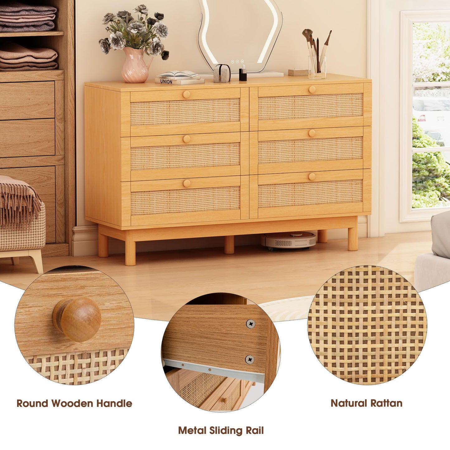 DHMAKER 6 Drawer Rattan Dresser for Bedroom, 48'' Modern Wooden Chest of Dressers with Spacious Storage, Beside Table for Closet, Entryway, Bedroom, Hallway, Living Room - WoodArtSupply