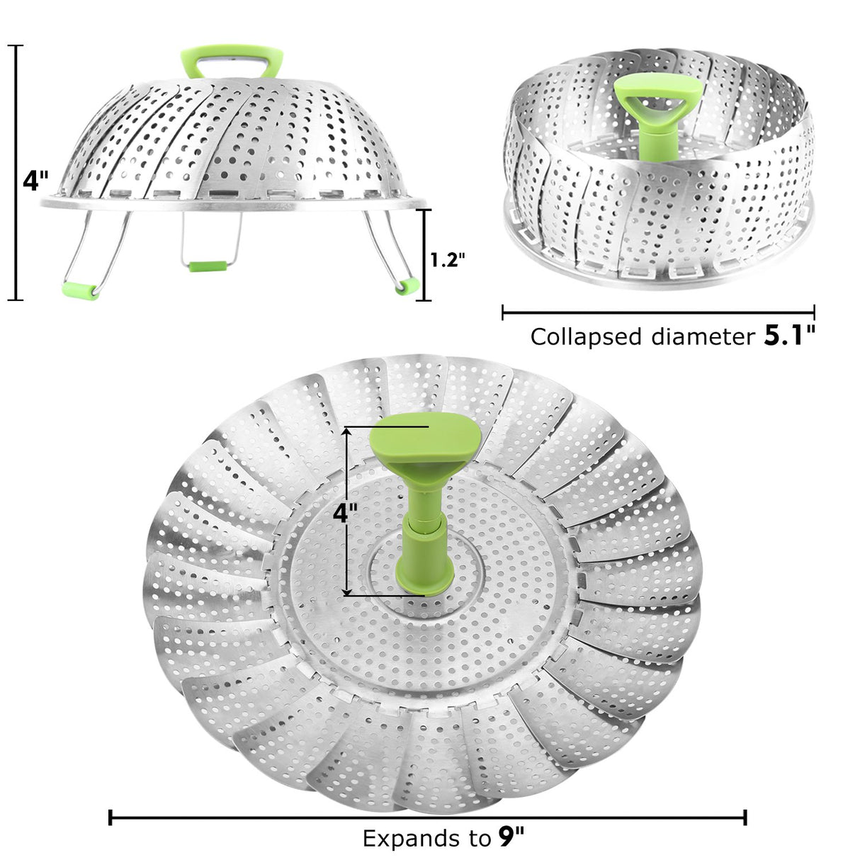 Consevisen Vegetable Steamer Basket for Cooking Food, Stainless Steel Veggie Steam Basket for Pot, Folding Expandable Steaming Insert with Extendable Handle Fits Various Size Pot, 5.1" to 9" Consevisen