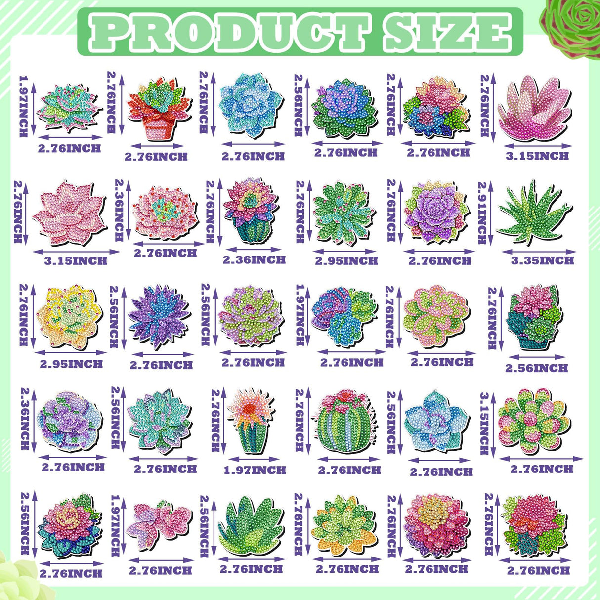 Remuuly 30 Pcs Diamond Painting Magnets Summer Diamond Art Magnet Kits for Adults Spring Flower Animal Cupcake 5D Rhinestones Refrigerator Magnetic Stickers for Fridge DIY Crafts Gifts(Succulents) Remuuly