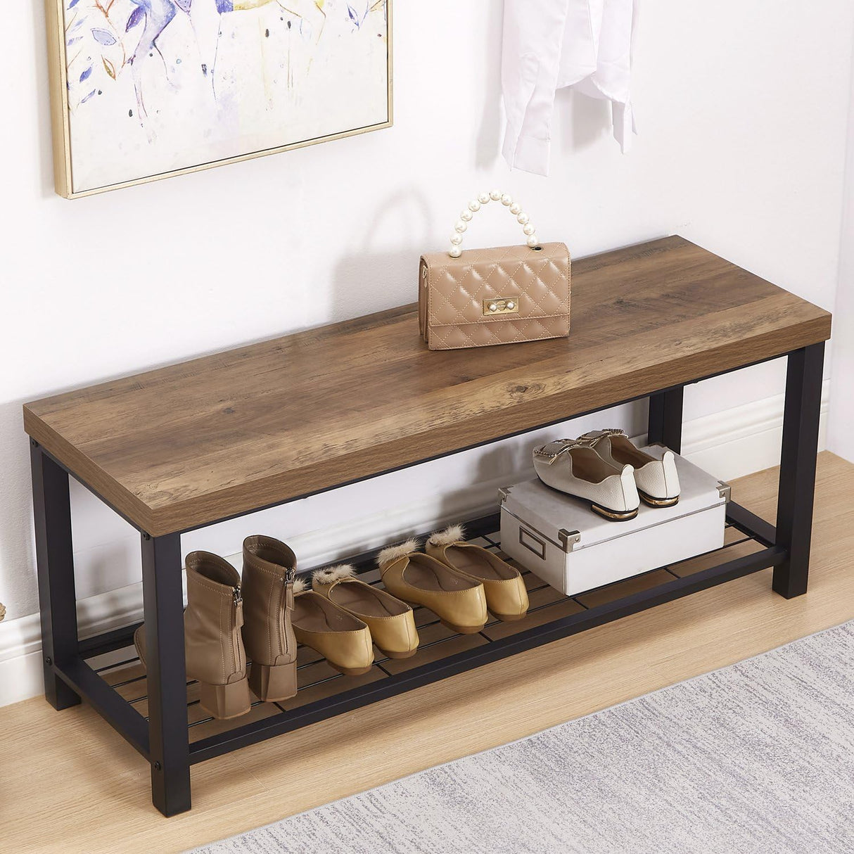 FOLUBAN Entryway Bench, Modern Shoe Storage Bench, Rustic Wood and Metal Entry Bench for Hallway Front Door Entrance, Industrial Indoor Bench for Bedroom Living Room, Oak, 43.3 Inch FOLUBAN