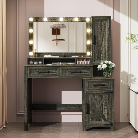 ChicFurnit Makeup Vanity, Vanity Desk with Square Mirror,Tricolor Lighting Adjustment & Built-in Charging Station, Farmhouse Vanity with 2 Drawers, Side Cabinet & Open Storage Space, Vintage Brown ChicFurnit