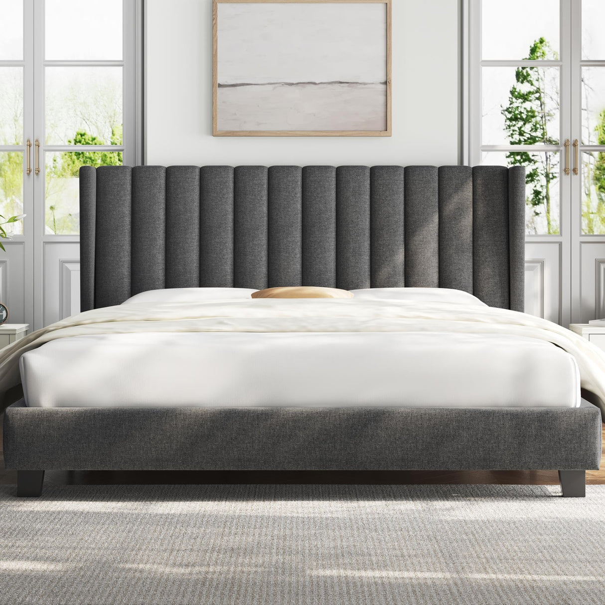 Yaheetech Dark Gray Upholstered King Bed Frame with Wing Design and Wooden Slat Support Yaheetech