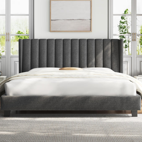 Yaheetech Dark Gray Upholstered King Bed Frame with Wing Design and Wooden Slat Support Yaheetech