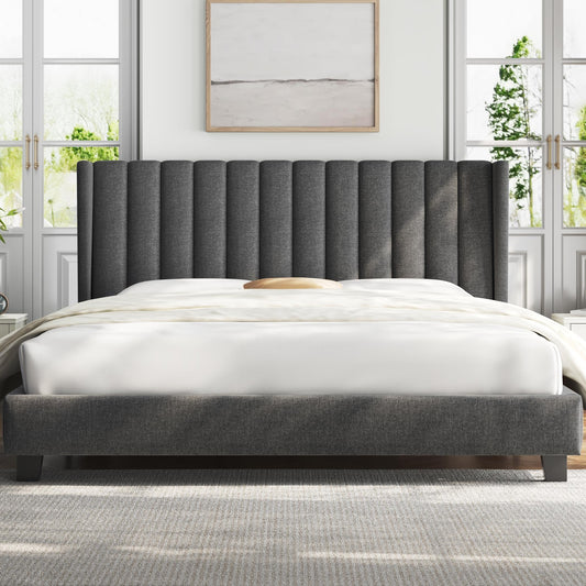 Yaheetech Dark Gray Upholstered King Bed Frame with Wing Design and Wooden Slat Support - WoodArtSupply