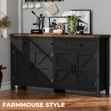 VVFLU 63" Sideboard Buffet Cabinet with Storage, Coffee Bar with 3 Drawers and 4 Barn Doors, Long Wider Storage Cabinet Modern Farmhouse, Black Wood, for Kitchen, Dining Room, Living Room VVFLU