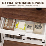 DAWNSPACES Large Corner Dog Crate Furniture for 2 Dogs, 59" Indoor Wooden Furniture Style Dog Kennel House with Double Rooms, Drawers & Removable Divider for Large & Medium Dogs, White DAWNSPACES