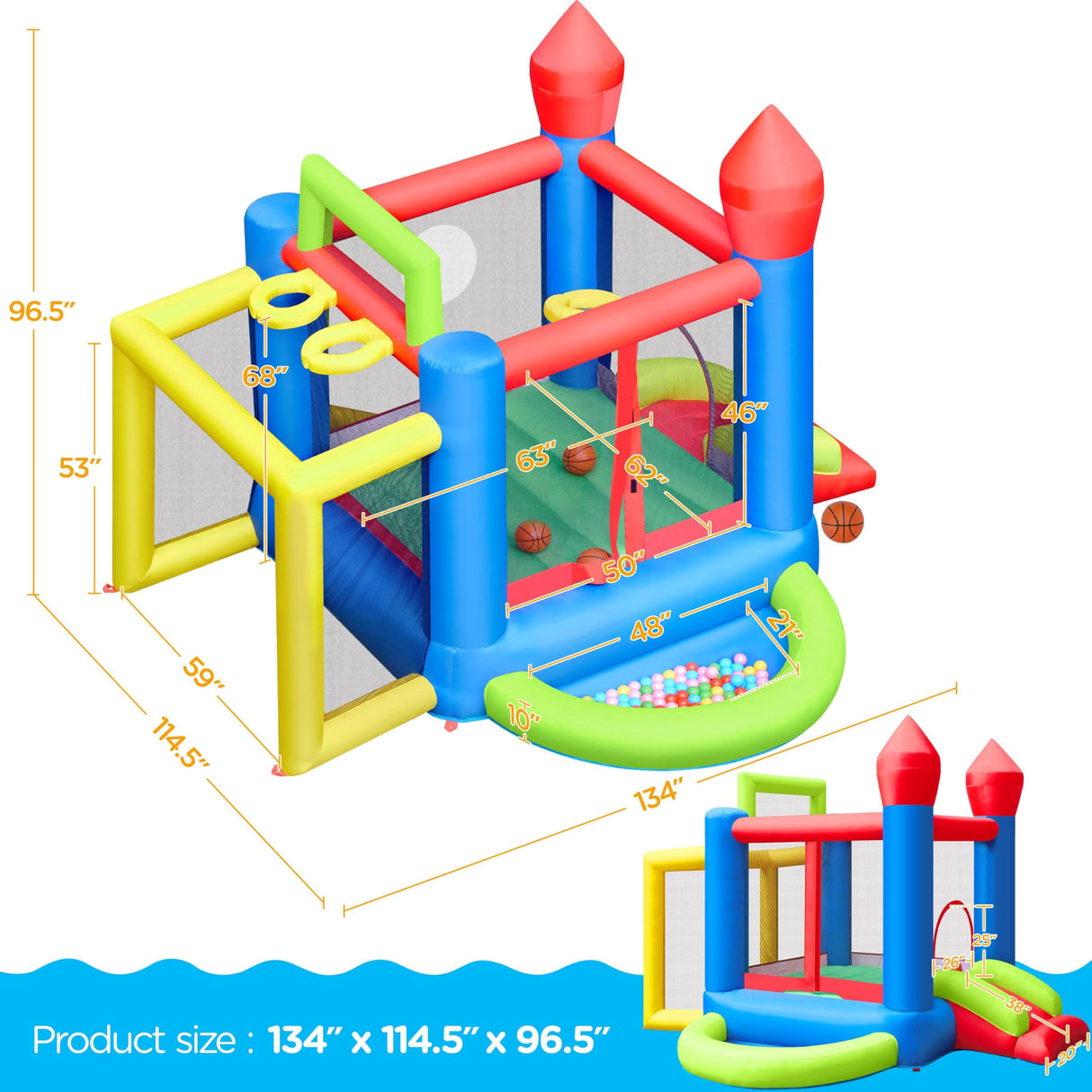 Yaheetech Inflatable Bounce House, 7-in-1 Bouncy Castle Combo w/Ball Pit & 3 Basketball Hoops & Soccer Goal & Dartboard & Slide, for Kids Aged 3-10 w/Storage Bag & 470W Blower Yaheetech