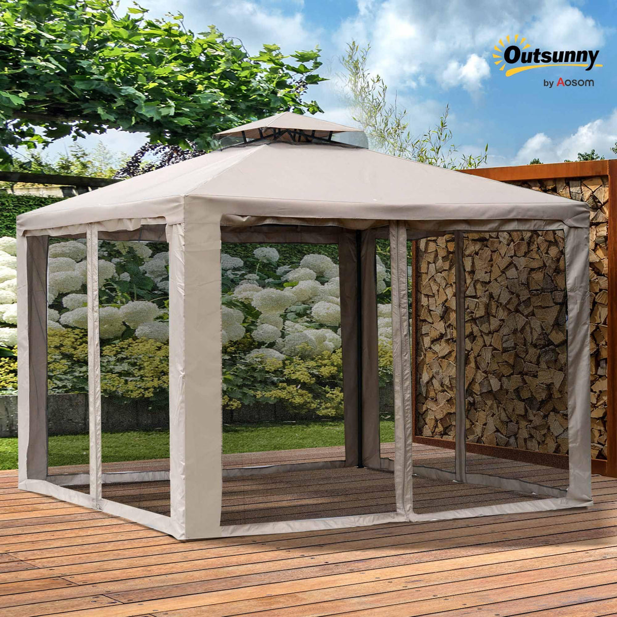Outsunny 9.6' x 9.6' Patio Gazebo, Outdoor Canopy Shelter with 2-Tier Roof and Netting, Steel Frame for Garden, Lawn, Backyard, and Deck, Taupe Outsunny