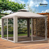 Outsunny 9.6' x 9.6' Patio Gazebo, Outdoor Canopy Shelter with 2-Tier Roof and Netting, Steel Frame for Garden, Lawn, Backyard, and Deck, Taupe Outsunny