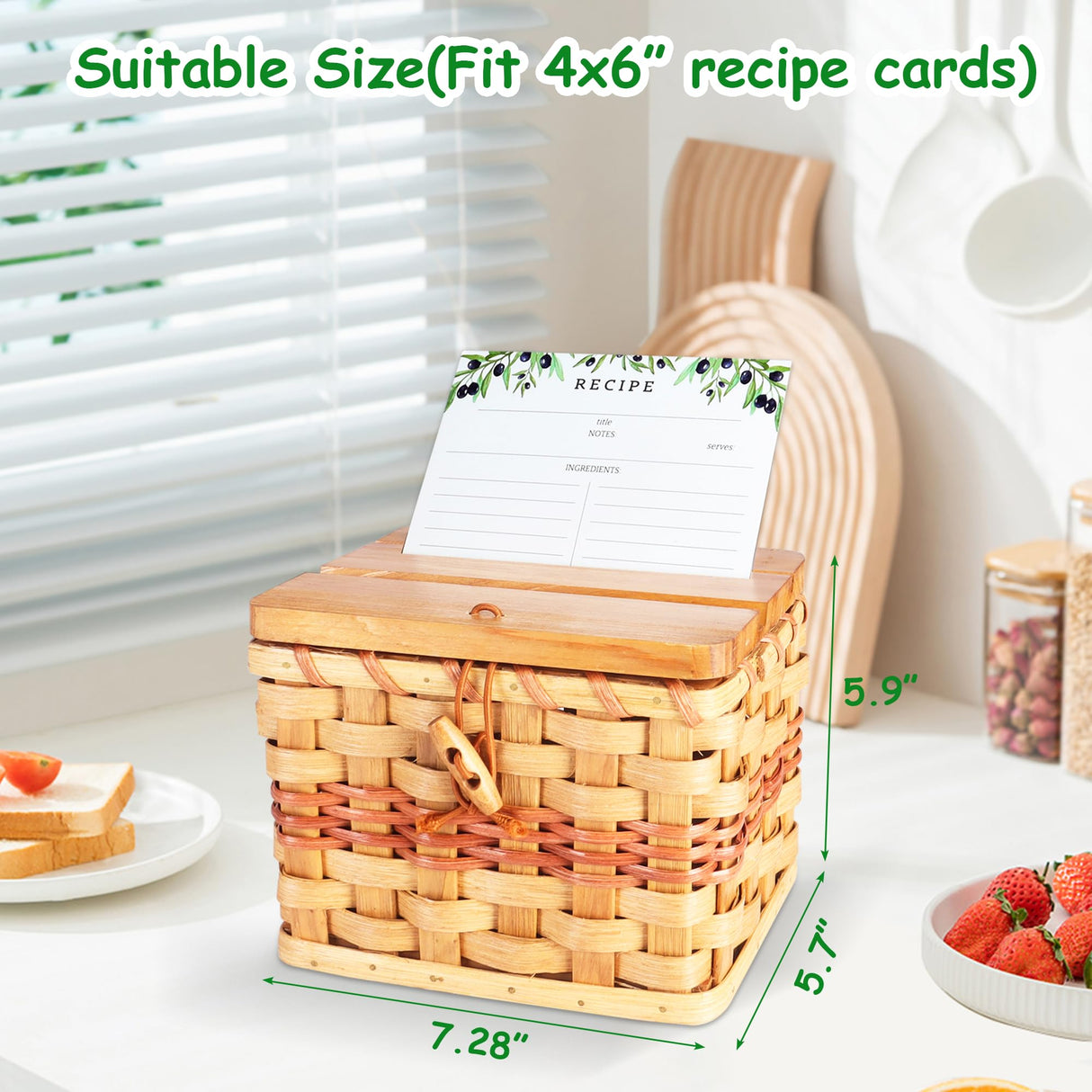 Primo Lines Recipe Box, Bamboo Recipe Organizer with 2 Slots Cellphone Stand, Kitchen Wooden Recipe Holder with 25 Recipe Cards 4"x6" and 12 Dividers, Wicker Picnicbasket Box Set Primo Lines