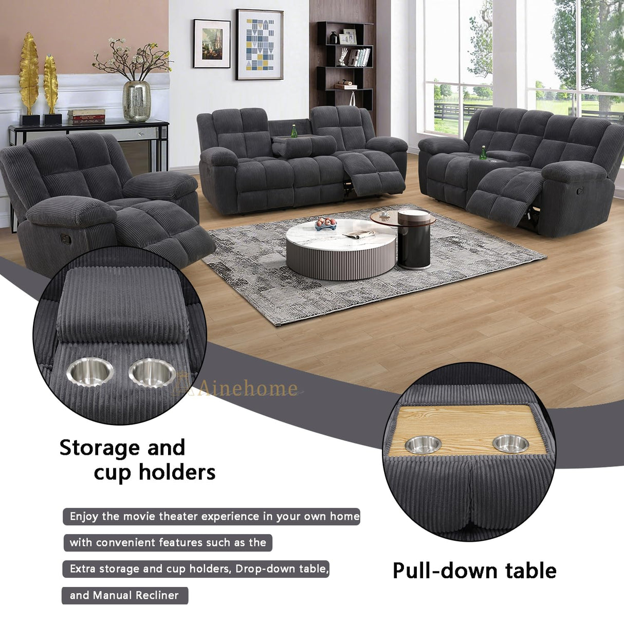A Ainehome Manual Recliner Sofa Set, Corduroy Recliner Loveseat, Living Room Furniture Set Modern Loveseat Sofa, Reclining Couches for Living Room/Office(3 Piece Set, Dark Grey) A Ainehome