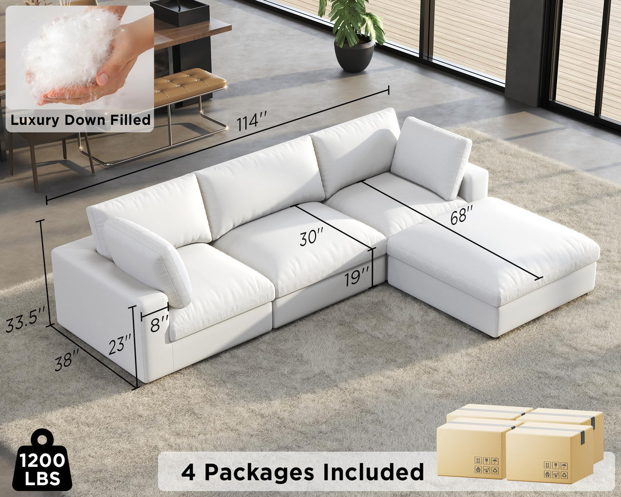 PaPaJet 114-Inch Cloud Sectional Sofa, Oversized Down-Filled Modular Couch, 4-Seater L-Shaped Sofa with Chaise and Ottoman, White Linen Cloud Couch for Living Room PaPaJet