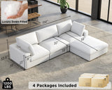PaPaJet 114-Inch Cloud Sectional Sofa, Oversized Down-Filled Modular Couch, 4-Seater L-Shaped Sofa with Chaise and Ottoman, White Linen Cloud Couch for Living Room PaPaJet