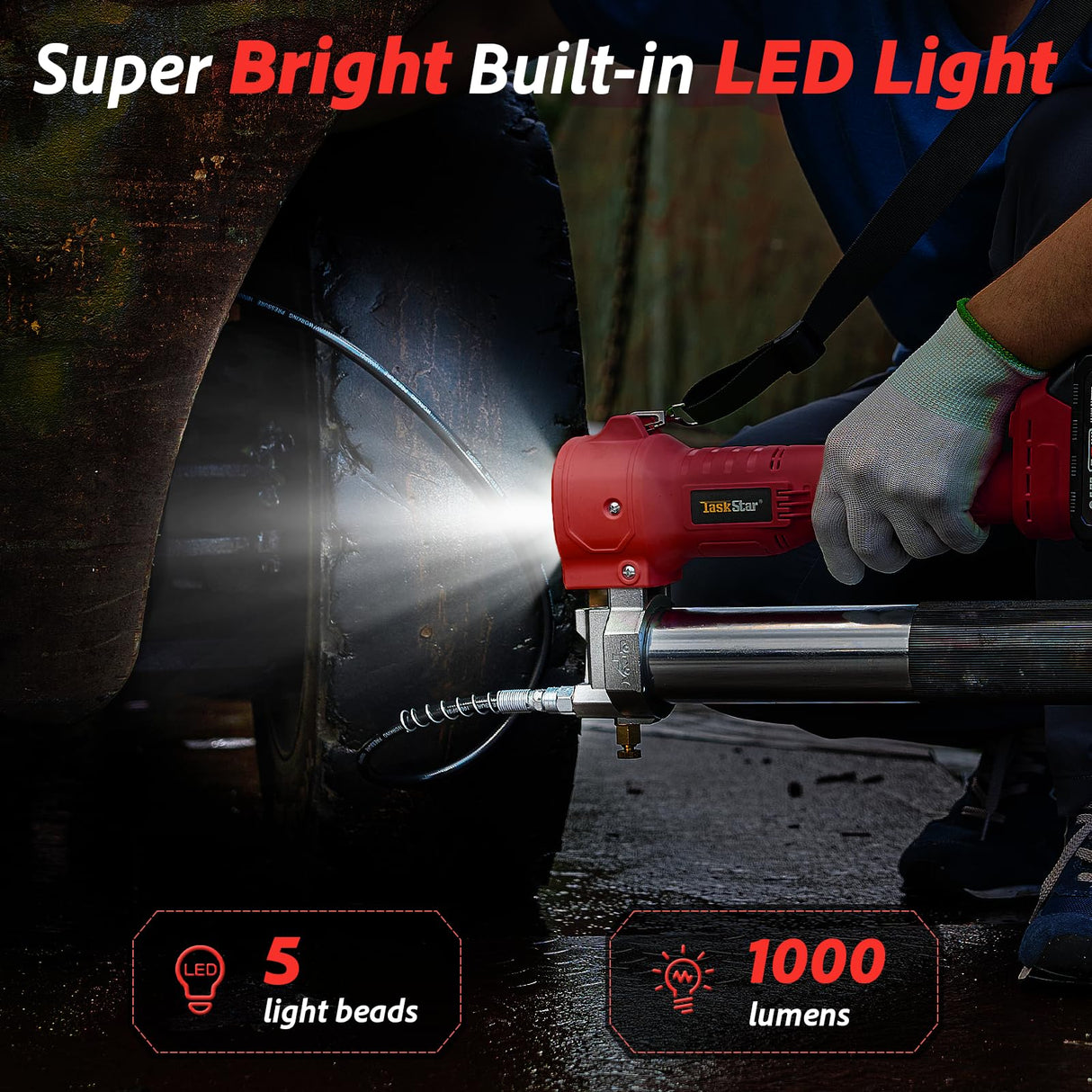 TaskStar Battery Grease Gun, Super Efficient Electric Grease Gun Kit with 2 Batteries and Charger, 39.4” Flexible Hose and Coupler, 10000 PSI Cordless Grease Gun with Super Bright LED Light, Red TaskStar