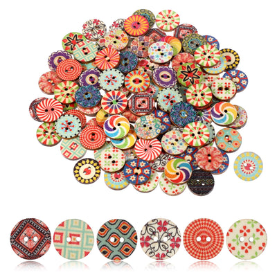Cobee 100 Pcs Multicolor Vintage Wooden Buttons, Round, 1.5cm (0.59 inch), Assorted Floral Patterns, Ideal for Sewing, Knitting, Crocheting & Scrapbooking