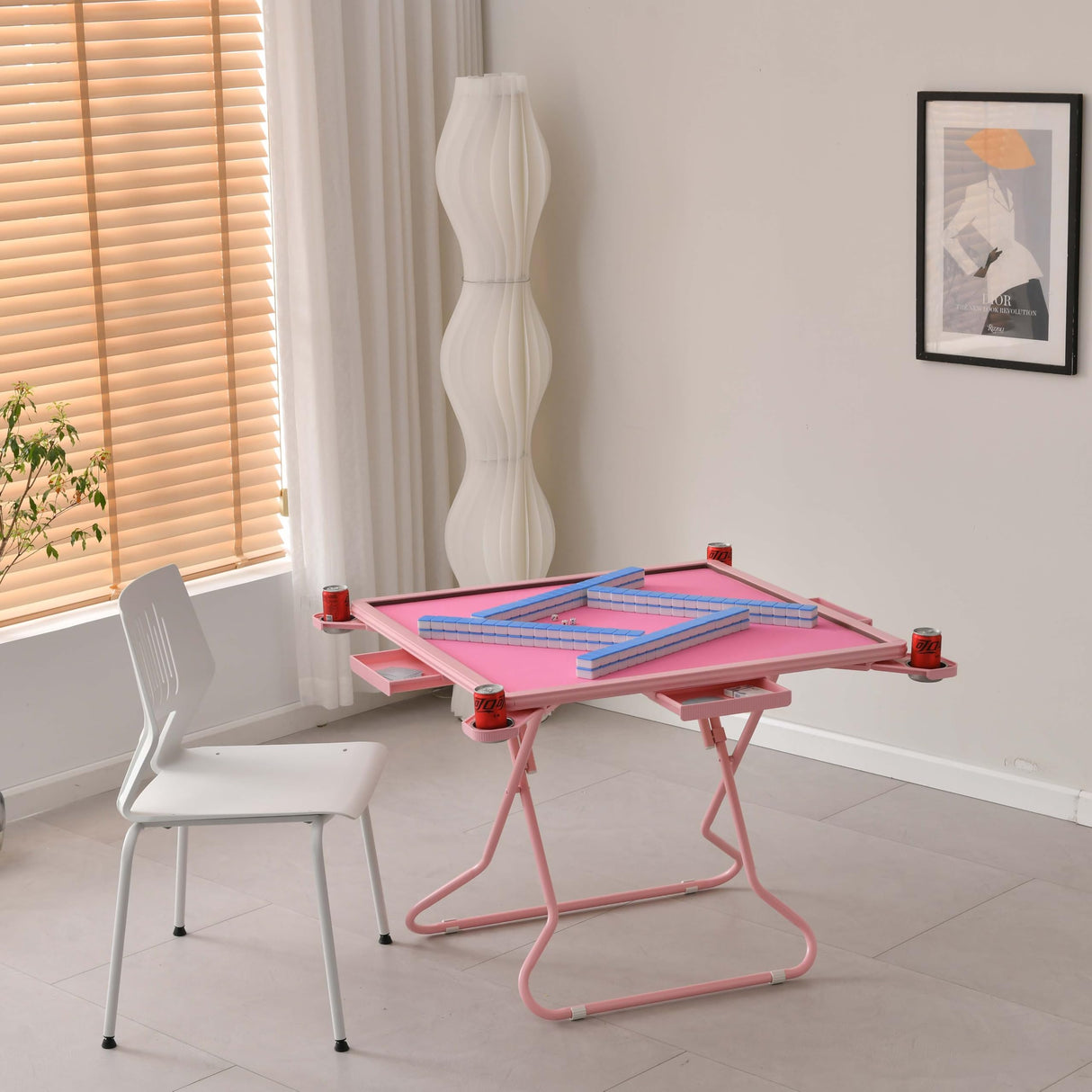 MJTABLE Pink Mahjong Table, 35" Square Game Table with Resistant Wood Tabletop, Portable Folding Card Table with 4 Drawers and 4 Cup Holders, Domino Table for Party, Game Nights, Gifts for Retirees MJTABLE