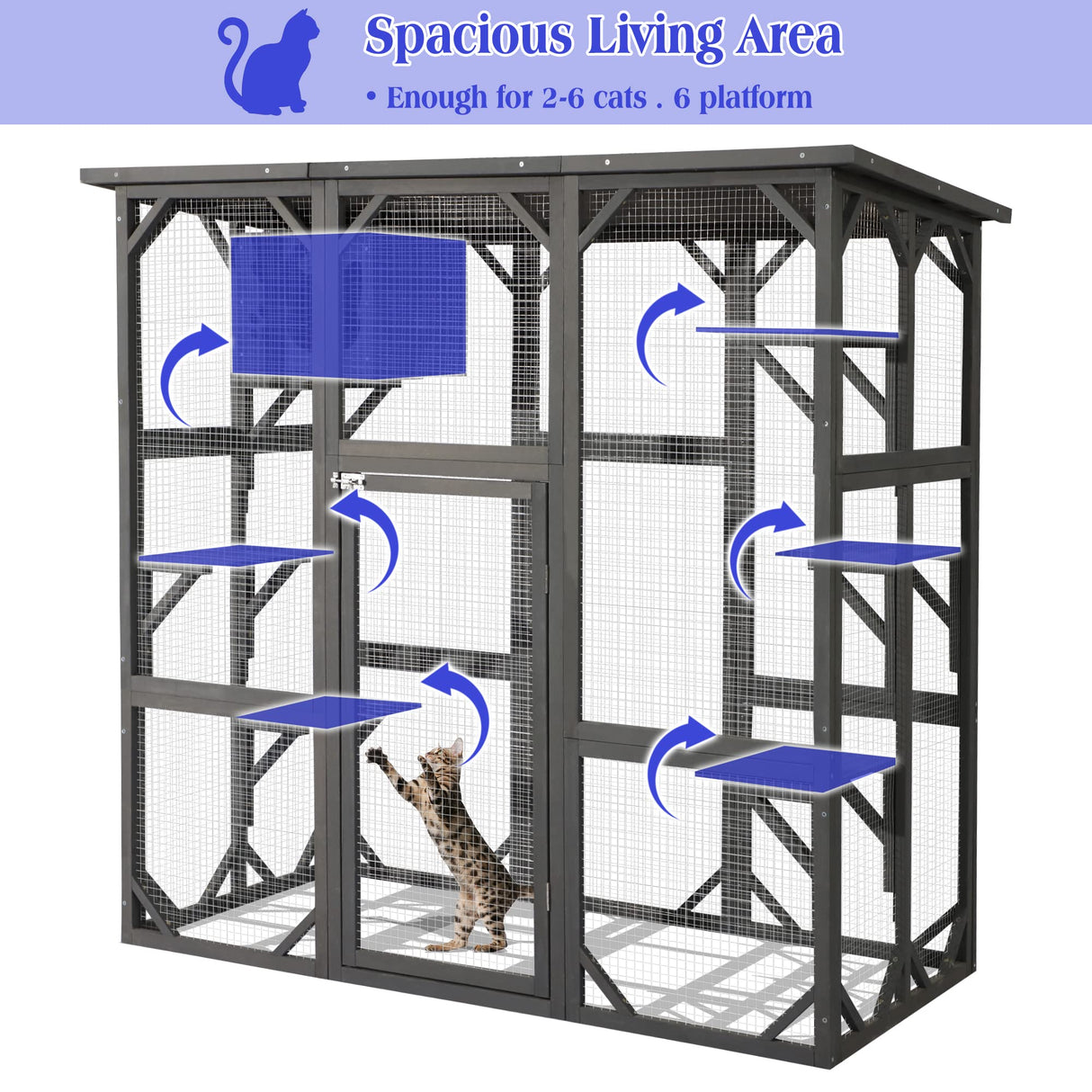 LEISU Large Outdoor Cat House Outdoor Wooden Cat Cage Cat Enclosure with Weatherproof Large Run, Jumping Platforms for Play Catio Cat Patio with Large Entrance Easy to Clean (Dark Grey) LEISU