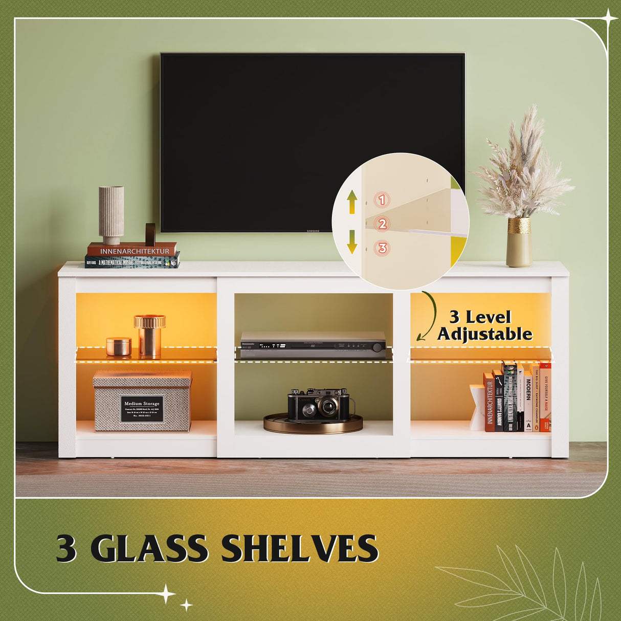 WLIVE LED TV Stand for 65 Inch TV, Modern Entertainment Center with Adjustable Glass Shelves & Customizable LED Lights, Sturdy Media Console for Living Room, Bedroom,Gaming (White) WLIVE