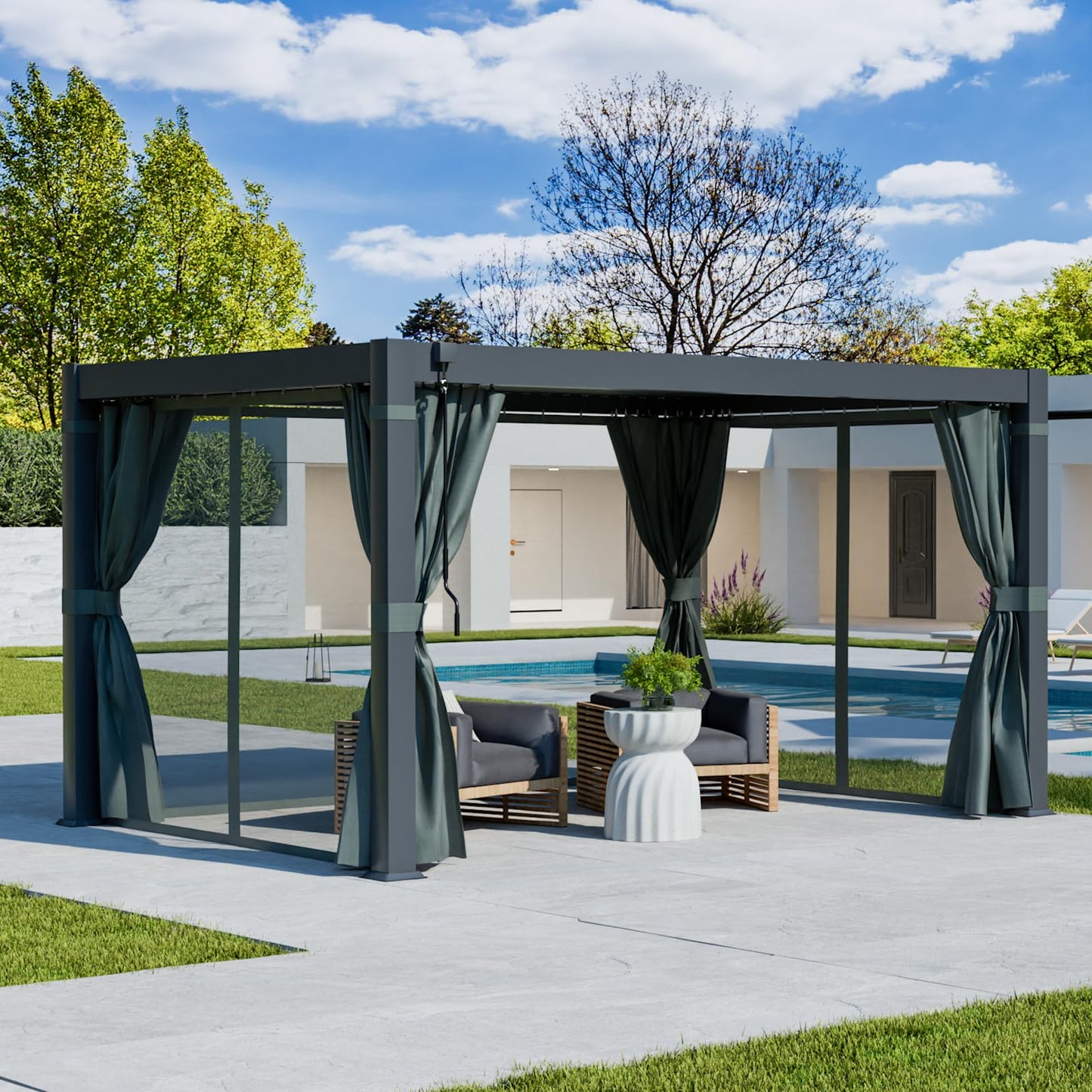 COSIEST 10'×13' Louvered Pergola, Outdoor Aluminum Pergola with Adjustable Roof, Netting & Curtains, Hardtop Gazebo Sun Shade for Patio Garden Backyard Pavilion, Grey