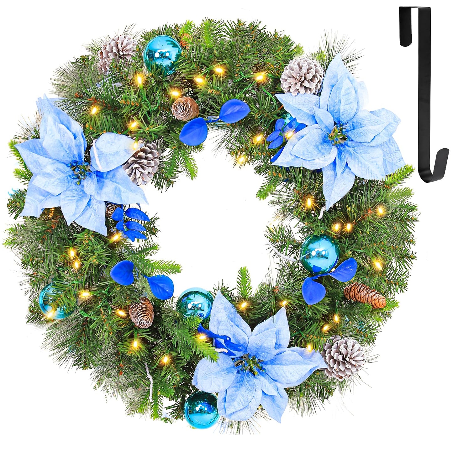 Hykolity 24 in. Pre-Lit Artificial Christmas Wreath with 50 Warm White LED Lights, 100 PE Branch Tips, Lighted Battery Operated Christmas Wreath with Flowers & Ball Ornaments, Hanger Included, Blue