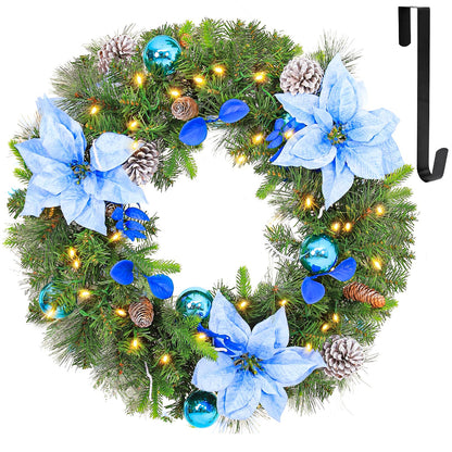 Hykolity 24 in. Pre-Lit Artificial Christmas Wreath with 50 Warm White LED Lights, 100 PE Branch Tips, Lighted Battery Operated Christmas Wreath with Flowers & Ball Ornaments, Hanger Included, Blue