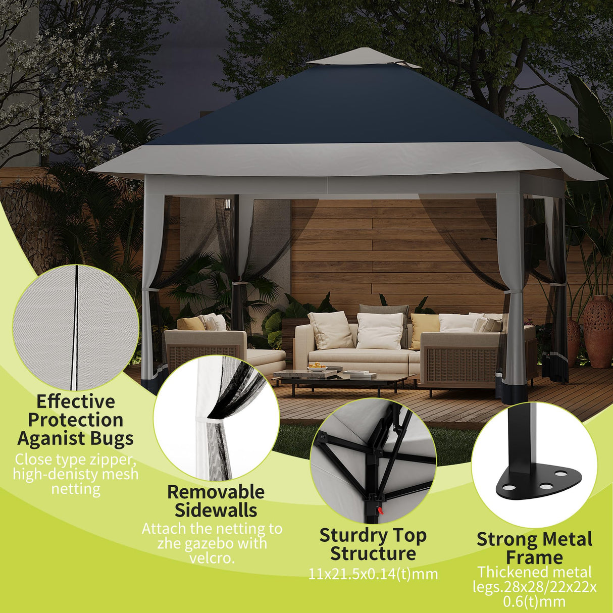12x12ft Patio Gazebo, Outdoor Canopy with Mesh Walls, Pop Up Gazebo Tent with 4 Ropes 8 Stakes & Portable Carrying Bag, Double Roof, Easy Up Pavilion for Outside Garden, Backyard, Lawn Hipicute
