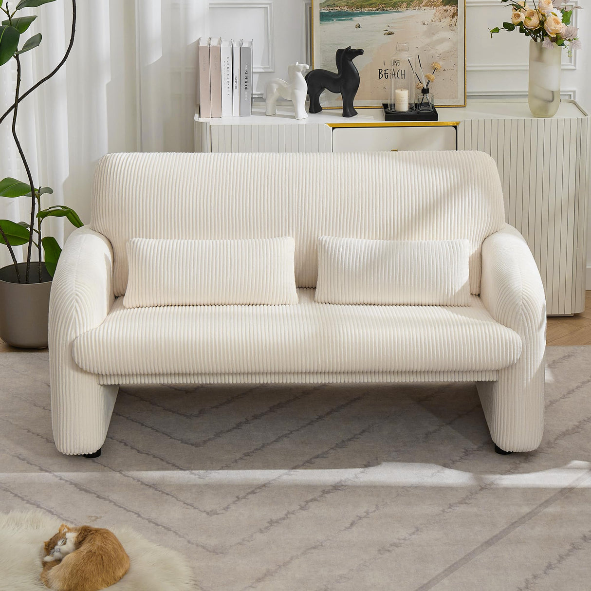 WUTUTUEE 56'' Corduroy Loveseat Sofa, 2 Seater Love Seat Couch for Small Space, Comfy Upholstered Modern Leisure Loveseat Couches with Lumbar Pillows for Bedroom, Office, Living Room, White WUTUTUEE