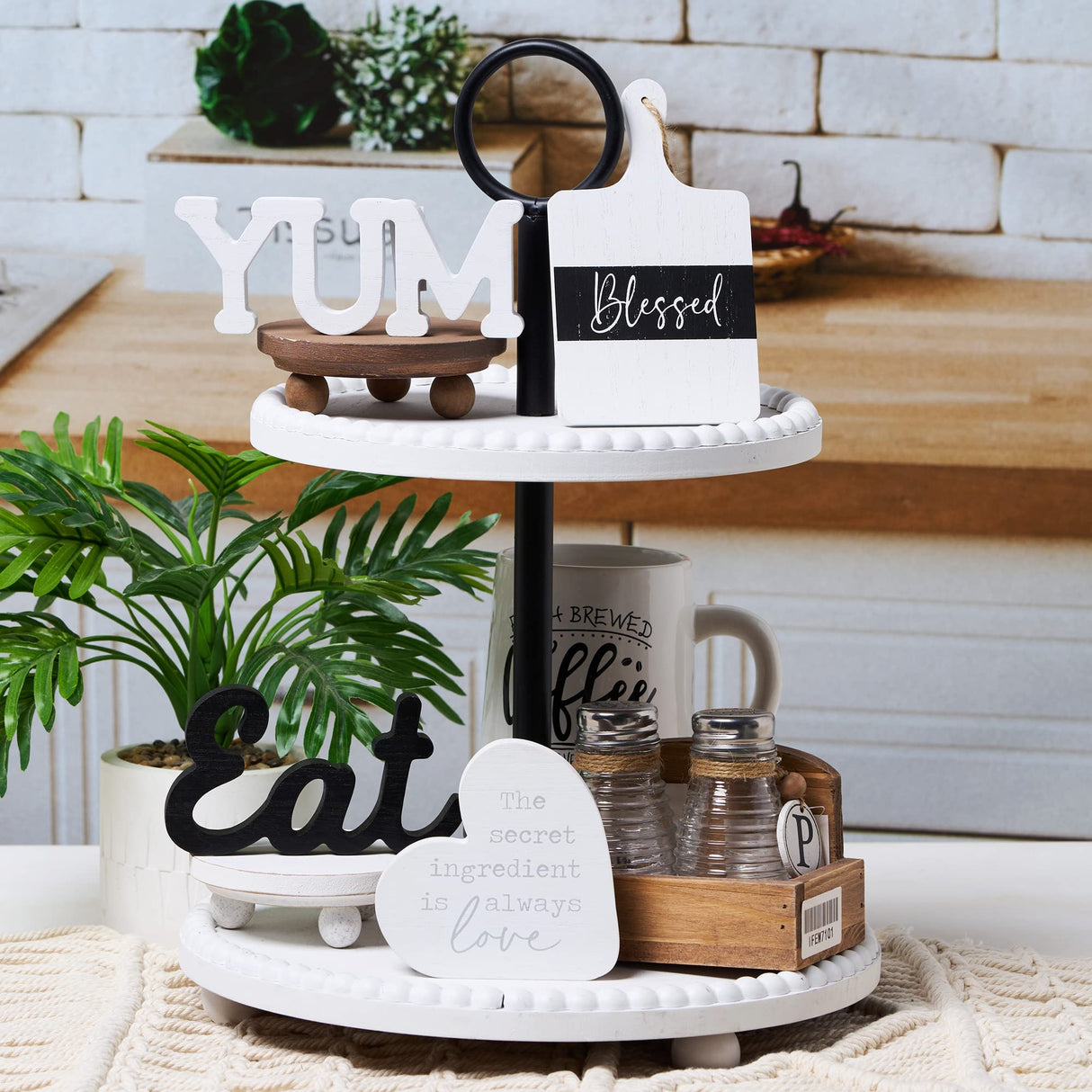 GENMOUS Farmhouse Kitchen Tiered Tray Decor Items Mini Set, Rustic Black and White Kitchen Counter Decor, Two Tiered Tray Kitchen Decor Set for Home Kitchen Dining Room Table Decoration GENMOUS & CO.