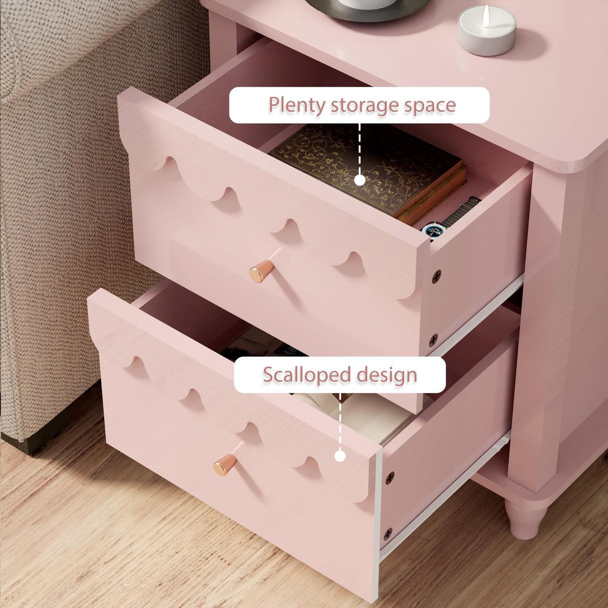 Pink Nightstand Side End Table with 2 Drawers, Modern Night Stand with Petal Pattern for Bedroom, Scalloped Bedside Night Tables with Solid Wood Legs Anbuy