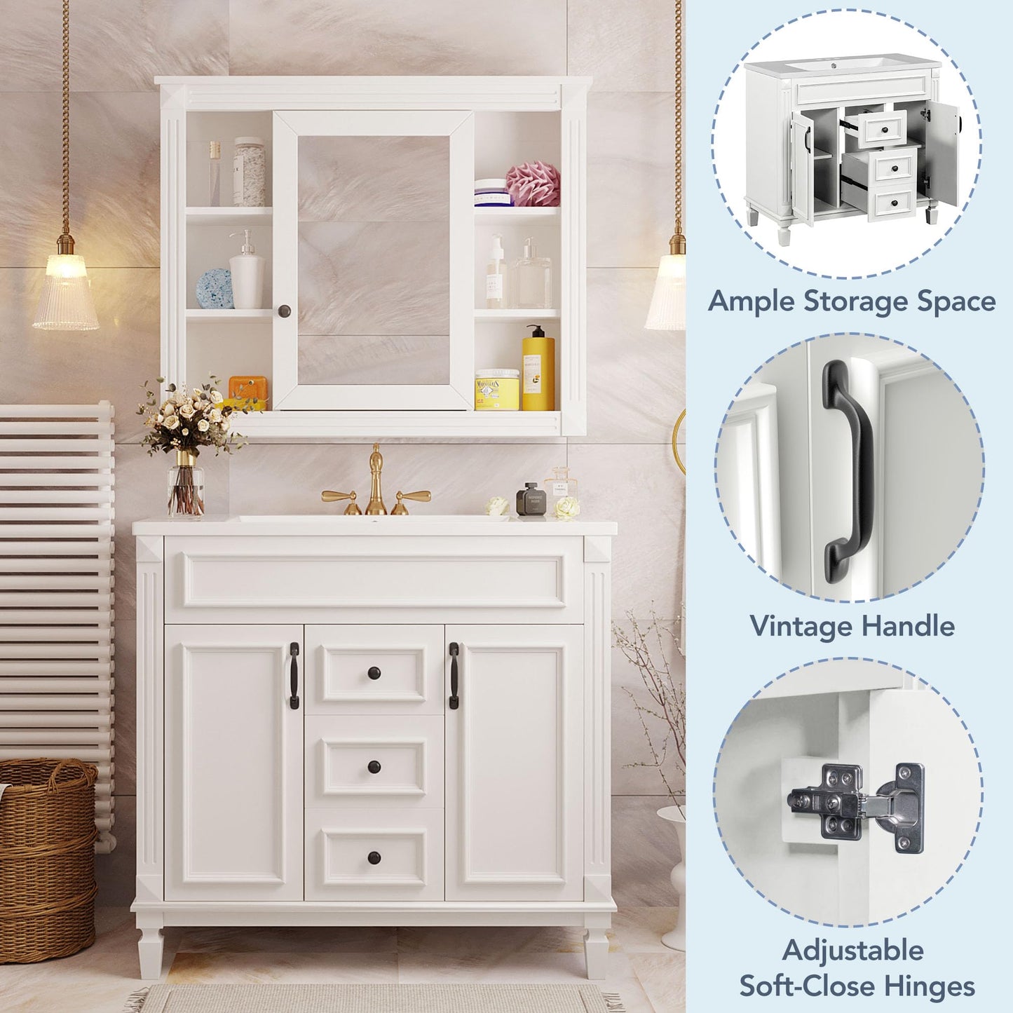 Merax 36" Bathroom Vanities with Single Sink, Modern Undermount Bathroom Sink Cabinet with 3 Closing Doors & 2 Full Extension Dovetail Drawers