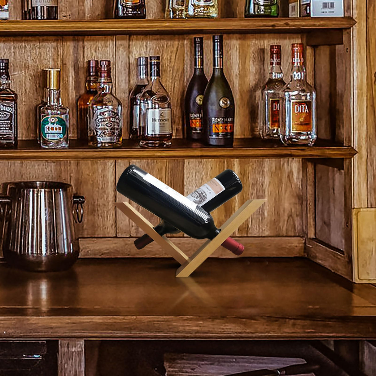 Somonka-L 2Pcs Wine Bottle Holder, Personalized Single Wine Bottle Holder Stand Display Table Top Wine Rack Bamboo Self Balancing Countertop Wine Holders Organizer for Dining Table Somonka-L