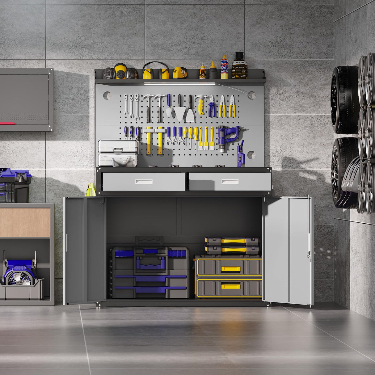 Eltean 65" Heavy Duty Work Bench with Storage, 2000 LB Capacity Garage Work Table with Adjustable LED Lighting、Lockable Cabinet、Drawers & Pegboard ，Work Benches for Garage、Workshop, Basement Eltean