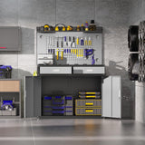 Eltean 65" Heavy Duty Work Bench with Storage, 2000 LB Capacity Garage Work Table with Adjustable LED Lighting、Lockable Cabinet、Drawers & Pegboard ，Work Benches for Garage、Workshop, Basement Eltean