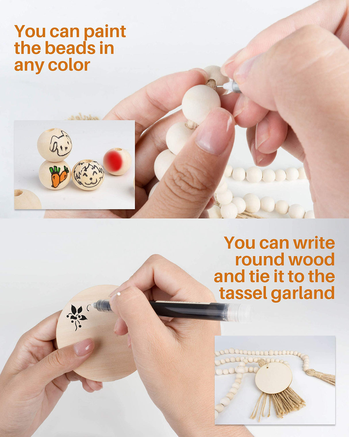 Wood Bead Garland with Tassels, 72 Inch Natural Wooden Beads Garland, 6 Feet Handmade Boho Farmhouse Decor, Coffee Table Decor DF DUALFERV