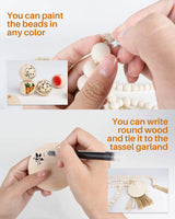 Wood Bead Garland with Tassels, 72 Inch Natural Wooden Beads Garland, 6 Feet Handmade Boho Farmhouse Decor, Coffee Table Decor DF DUALFERV