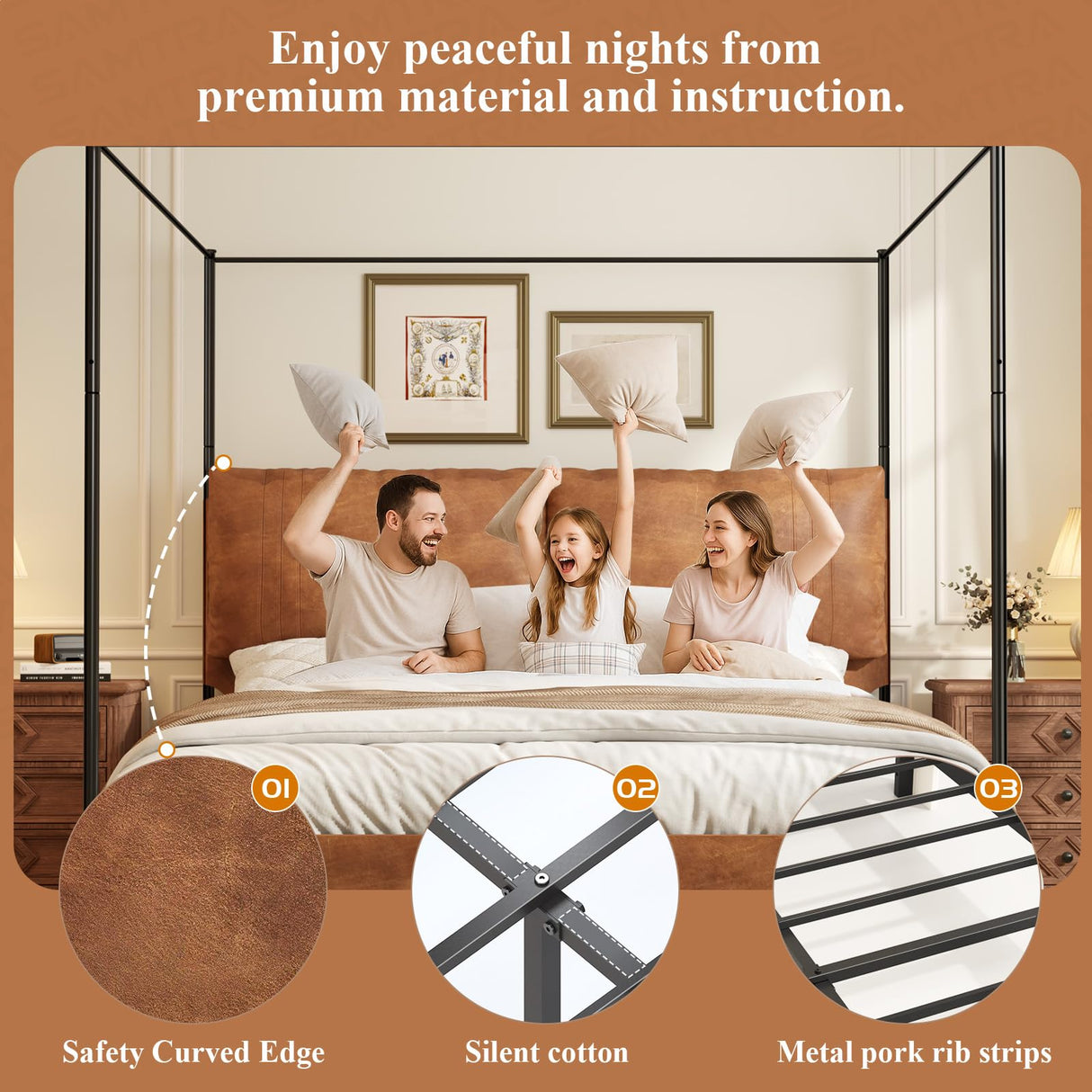 Modern Canopy Bed Frame with Upholstered Faux Leather Headboard – Tall Four Poster Metal Platform Bed, No Box Spring Needed, King Size, Brown and Black SAMTRA