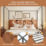 Modern Canopy Bed Frame with Upholstered Faux Leather Headboard – Tall Four Poster Metal Platform Bed, No Box Spring Needed, King Size, Brown and Black SAMTRA