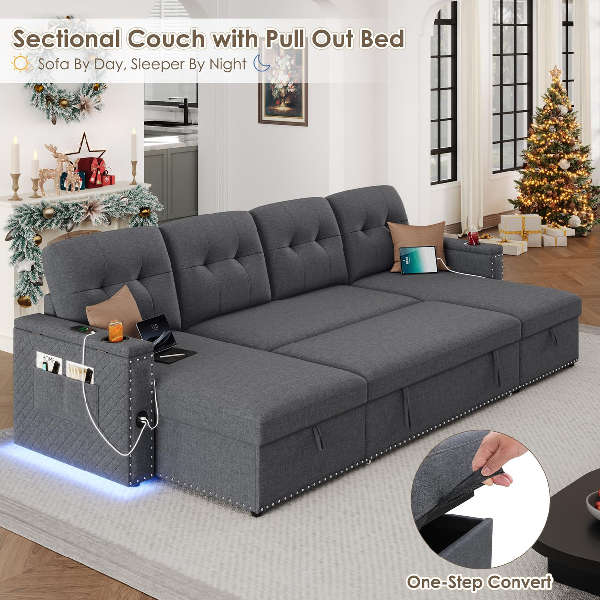 HIFIT 112" Sectional Couches for Living Room- Pull Out Sleeper Sofa Couch w/Storage Chaise,Storage Armrest,LED Light&USB Port&Cupholder, Modern Linen U Shaped Home Sofa Living Room Furniture Set, Grey HIFIT
