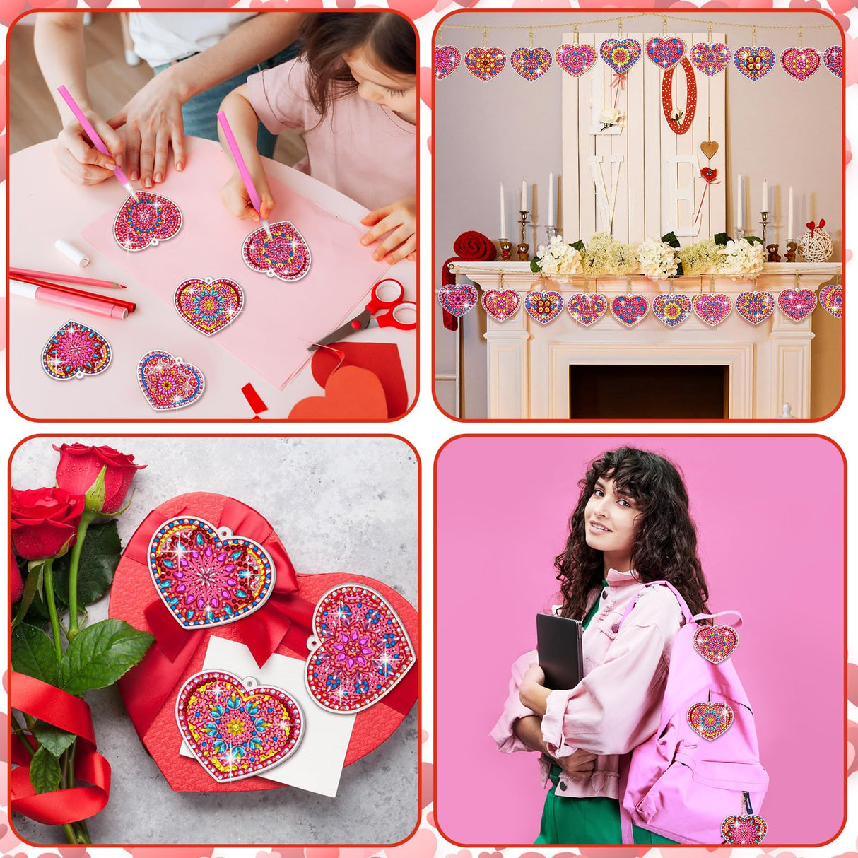 Ferreve 28 Pcs Heart Diamond Painting Keychain Kits Double Sided DIY Heart Diamond Art Keychain Ornaments for Adults Gem Key Ring Art Pendant Decor Crafts Accessories Gifts Ferreve