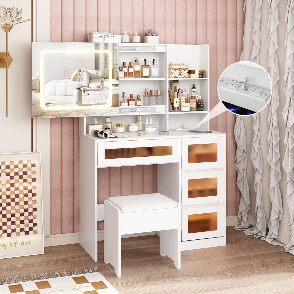 Makeup Vanity Desk with Sliding Mirror and Lights, 4 Drawers & Charging Station, LED Light, Vanity Table with Adjustable Brightness & 3 Colour Light Modes, Dresser Desk and Cushioned Stool Set, White Vabches