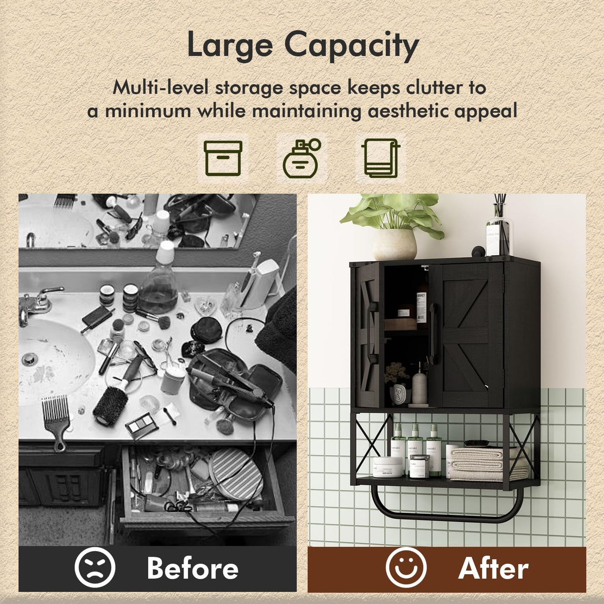 RUSTOWN Farmhouse Rustic Medicine Cabinet with Two Barn Door,Wood Wall Mounted Storage Cabinet with Adjustable Shelf and Towel Bar, 3-Tier Cabinet for Bathroom, Living Room(Black) RUSTOWN