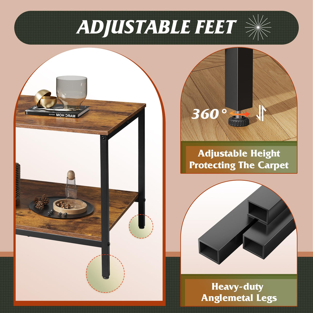 WLIVE Small Coffee Table for Living Room, 31.3" Modern Industrial Coffee Table with Storage Shelf & Metal Frame, 2-Tier Wood Center Table for Small Spaces Apartment, Home, Rustic Brown WLIVE